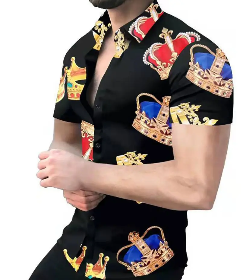 2025 Men's Printed Short Sleeve Shirt Black White Geometric Large