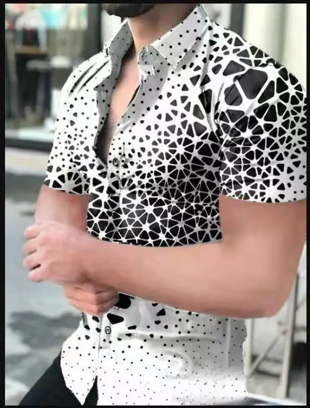 2025 Men's Printed Short Sleeve Shirt Black White Geometric Large