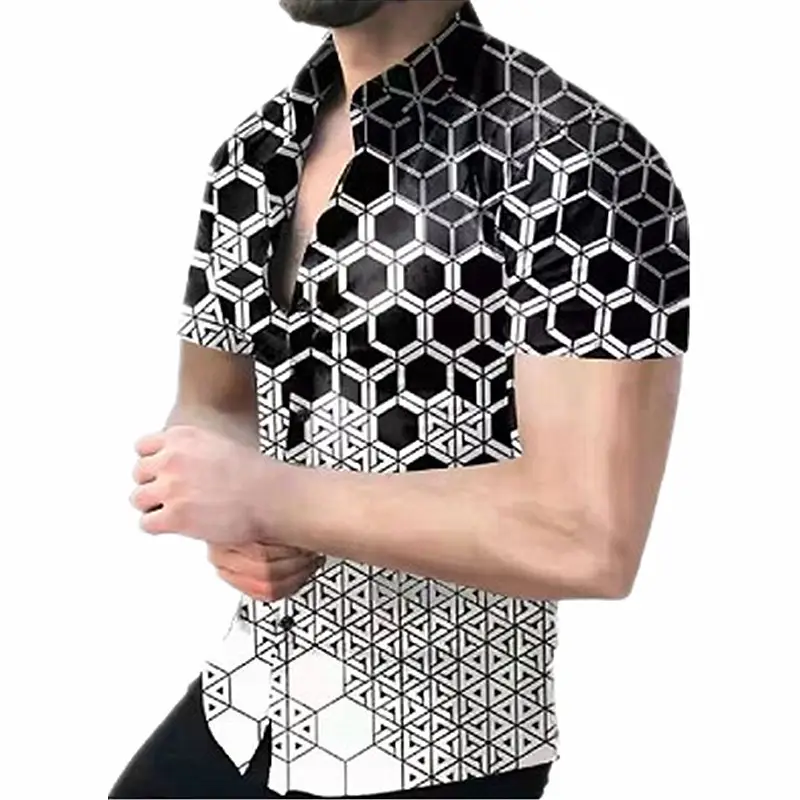 2025 Men's Printed Short Sleeve Shirt Black White Geometric Large