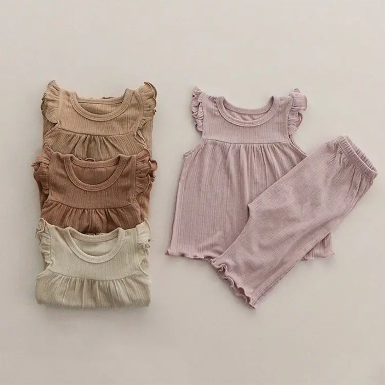 Girls' Brown Ruffled Pajama Set Two-Piece Summer