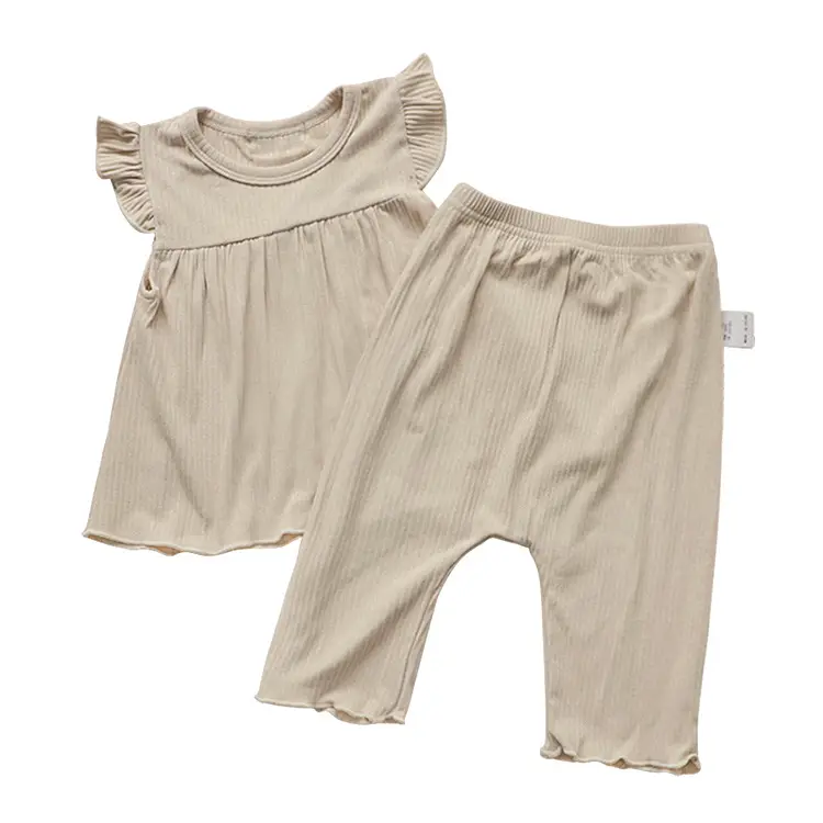 Girls' Brown Ruffled Pajama Set Two-Piece Summer