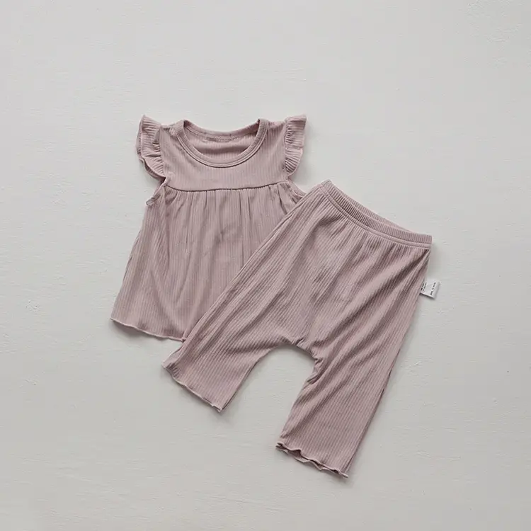Girls' Brown Ruffled Pajama Set Two-Piece Summer