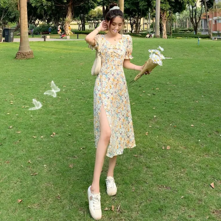 2021 French Style Floral V-Neck Bubble Sleeve Dress - Image 7