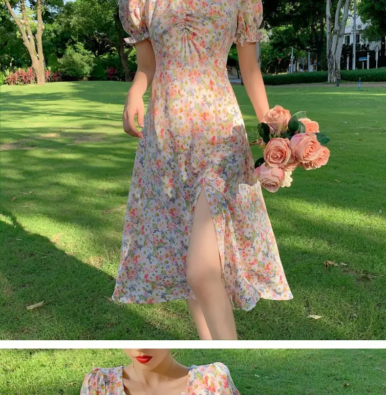 2021 French Style Floral V-Neck Bubble Sleeve Dress — feature 23