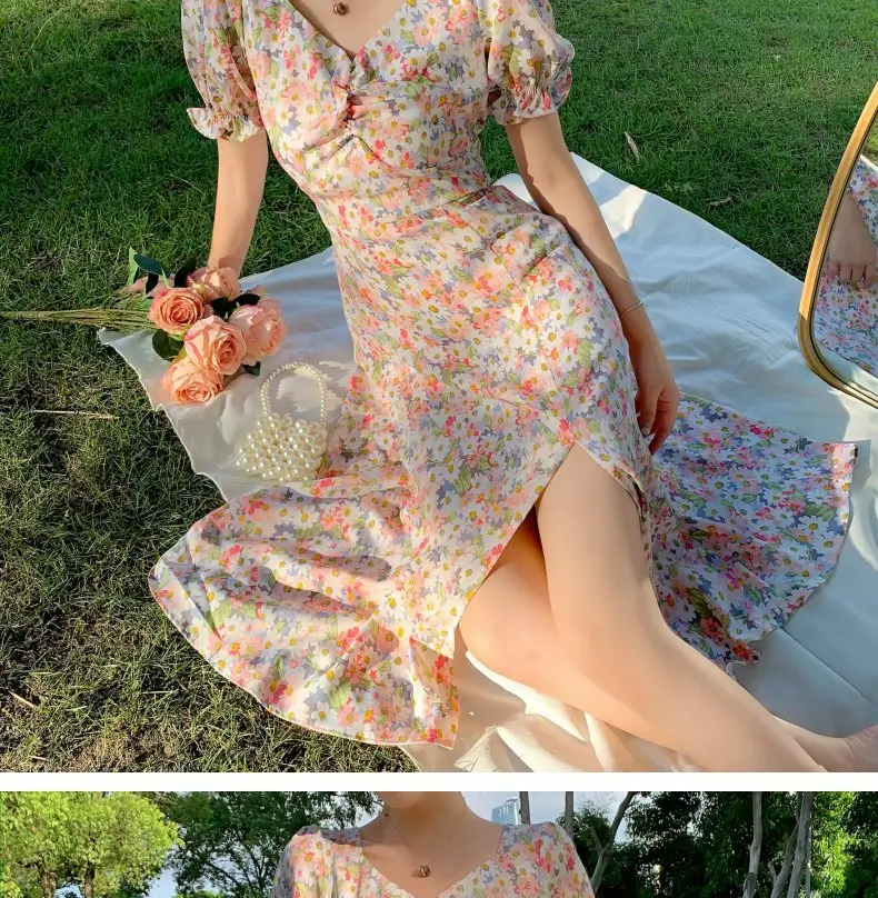 2021 French Style Floral V-Neck Bubble Sleeve Dress — feature 24