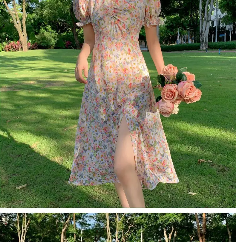 2021 French Style Floral V-Neck Bubble Sleeve Dress — feature 25