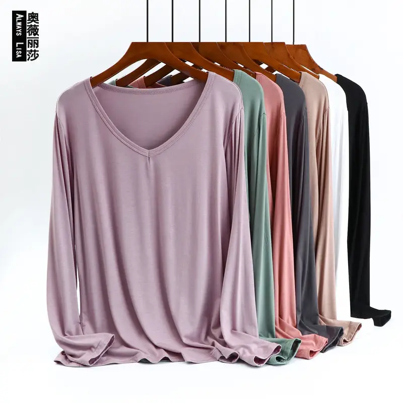 V-Neck Long Sleeve T-Shirt Women's Modal Light Beige Large