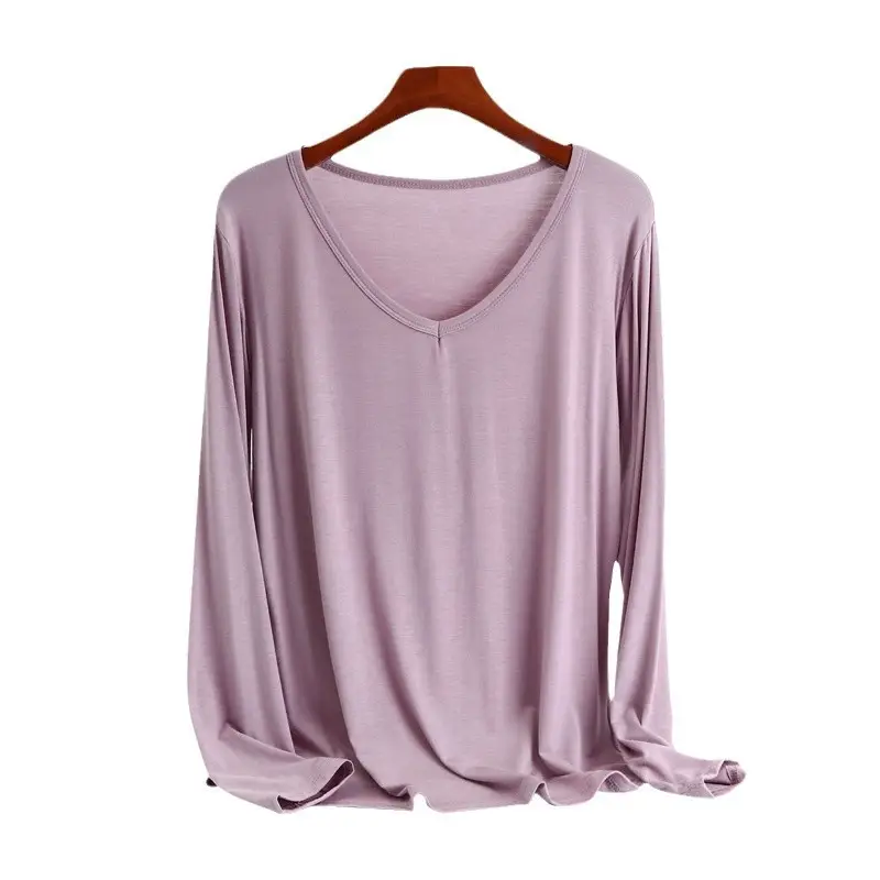 V-Neck Long Sleeve T-Shirt Women's Modal Light Beige Large