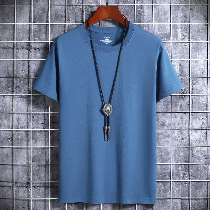 Men Blue Cotton Short Sleeve T-Shirt Round Neck Loose Fit - Image 10