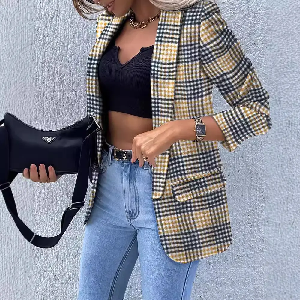 Printed Long Sleeve Suit Jacket for Women Black Beige