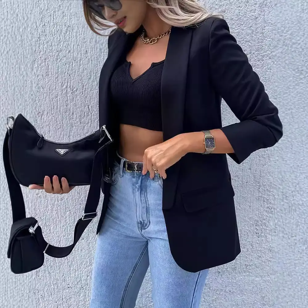 Printed Long Sleeve Suit Jacket for Women Black Beige