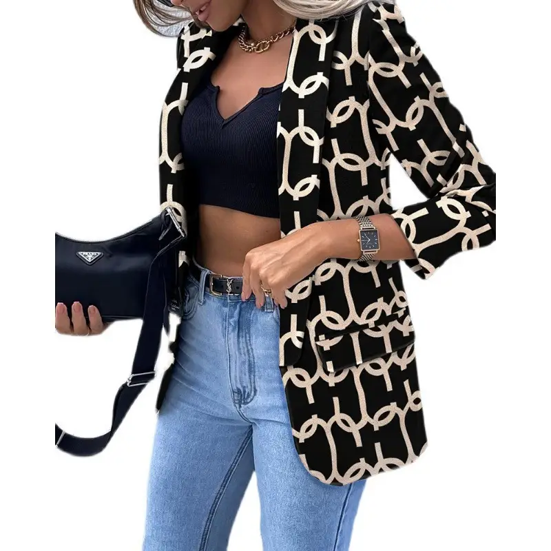 Printed Long Sleeve Suit Jacket for Women Black Beige