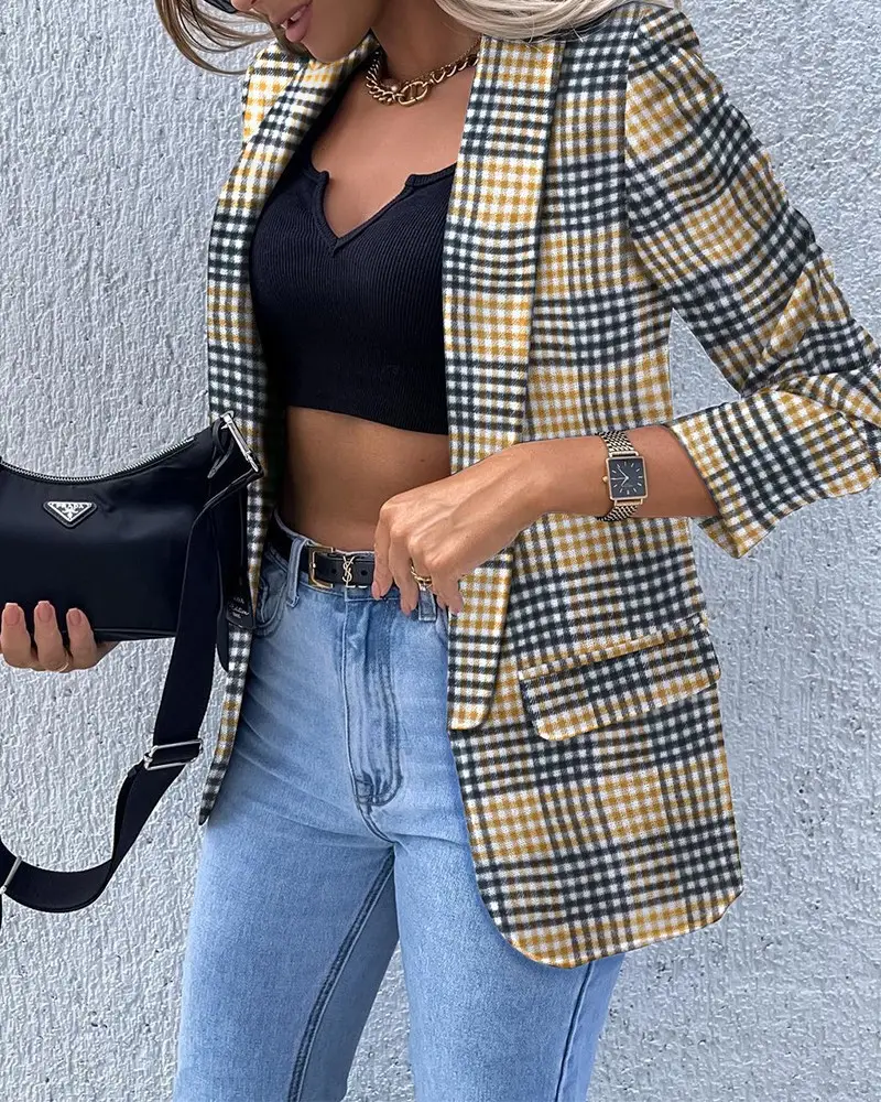 Printed Long Sleeve Suit Jacket for Women Black Beige