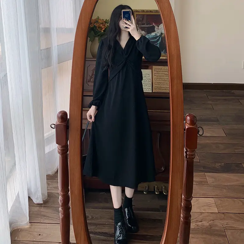 Korean Style Waist Slim Dress Long Sleeve V-Neck