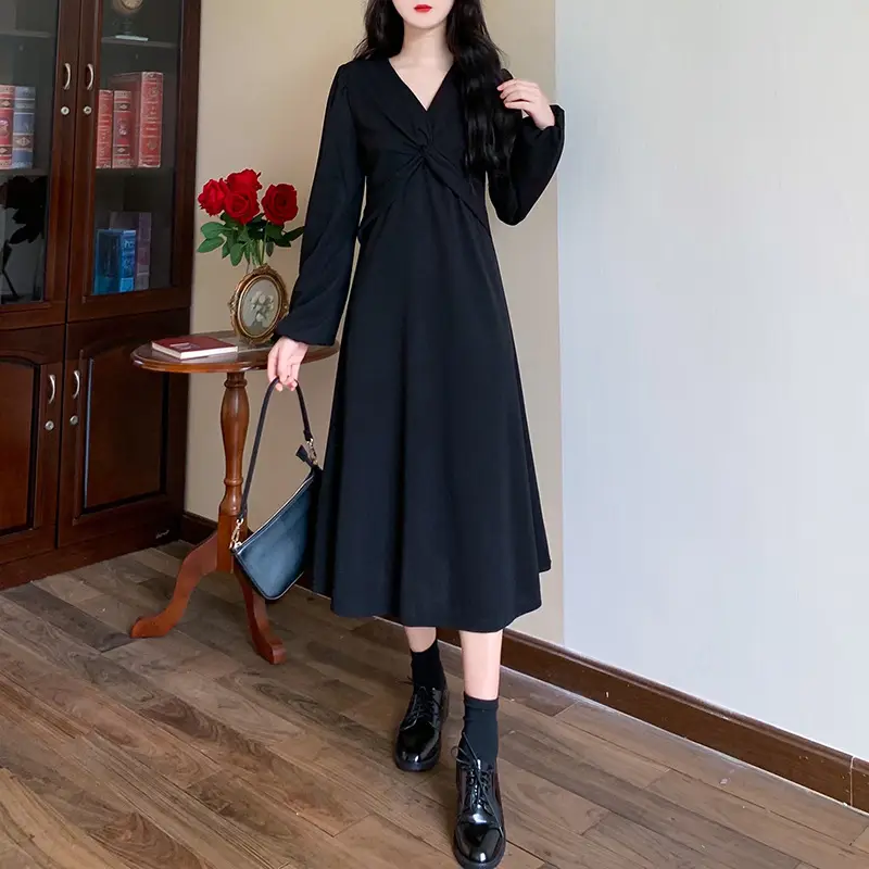 Korean Style Waist Slim Dress Long Sleeve V-Neck