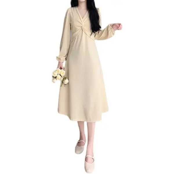 Korean Style Waist Slim Dress Long Sleeve V-Neck