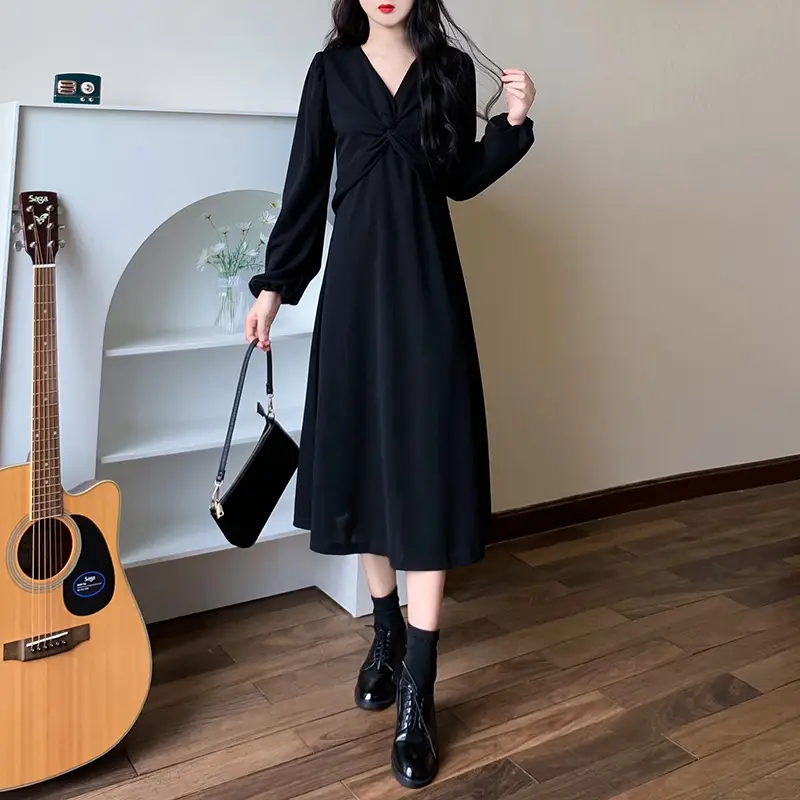 Korean Style Waist Slim Dress Long Sleeve V-Neck — feature 11