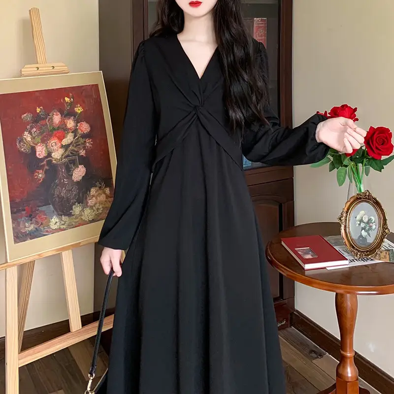 Korean Style Waist Slim Dress Long Sleeve V-Neck — feature 12