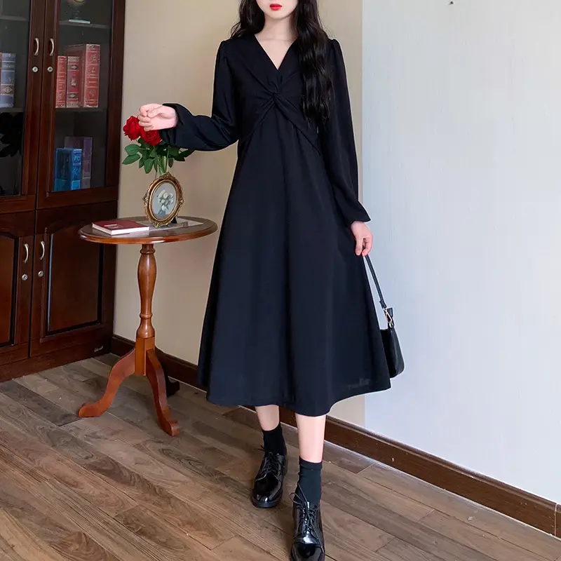 Korean Style Waist Slim Dress Long Sleeve V-Neck — feature 13