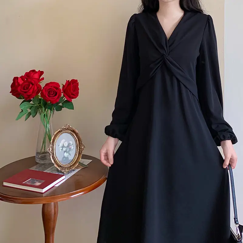 Korean Style Waist Slim Dress Long Sleeve V-Neck — feature 15