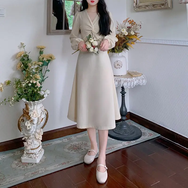 Korean Style Waist Slim Dress Long Sleeve V-Neck — feature 16