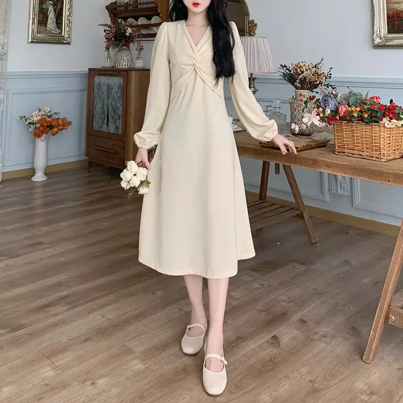 Korean Style Waist Slim Dress Long Sleeve V-Neck — feature 17