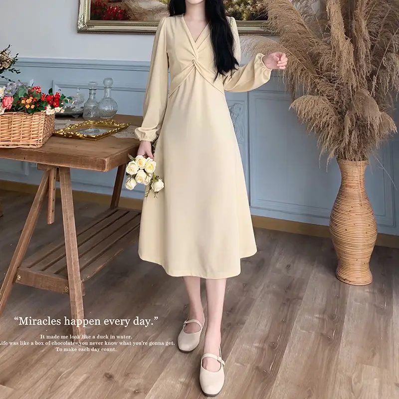 Korean Style Waist Slim Dress Long Sleeve V-Neck — feature 18