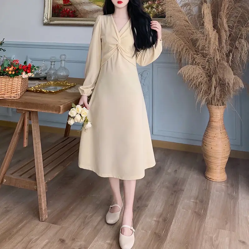 Korean Style Waist Slim Dress Long Sleeve V-Neck — feature 19