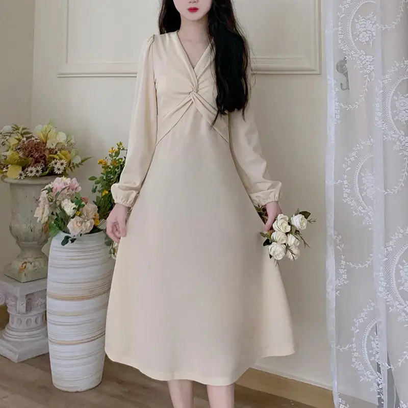 Korean Style Waist Slim Dress Long Sleeve V-Neck — feature 2