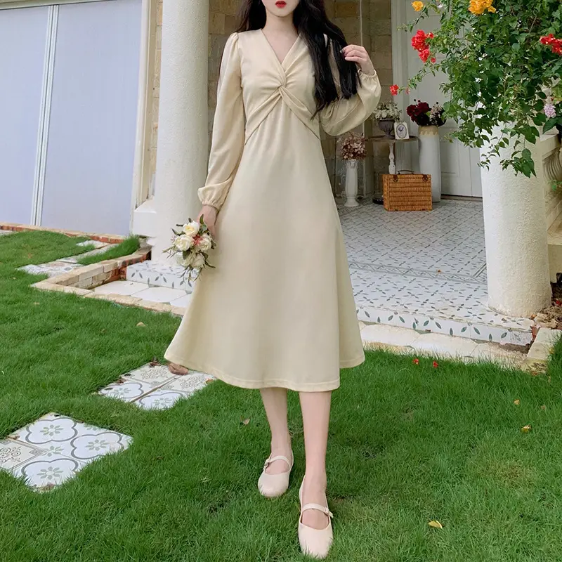 Korean Style Waist Slim Dress Long Sleeve V-Neck — feature 20