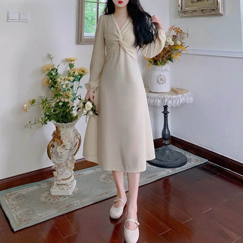 Korean Style Waist Slim Dress Long Sleeve V-Neck — feature 21