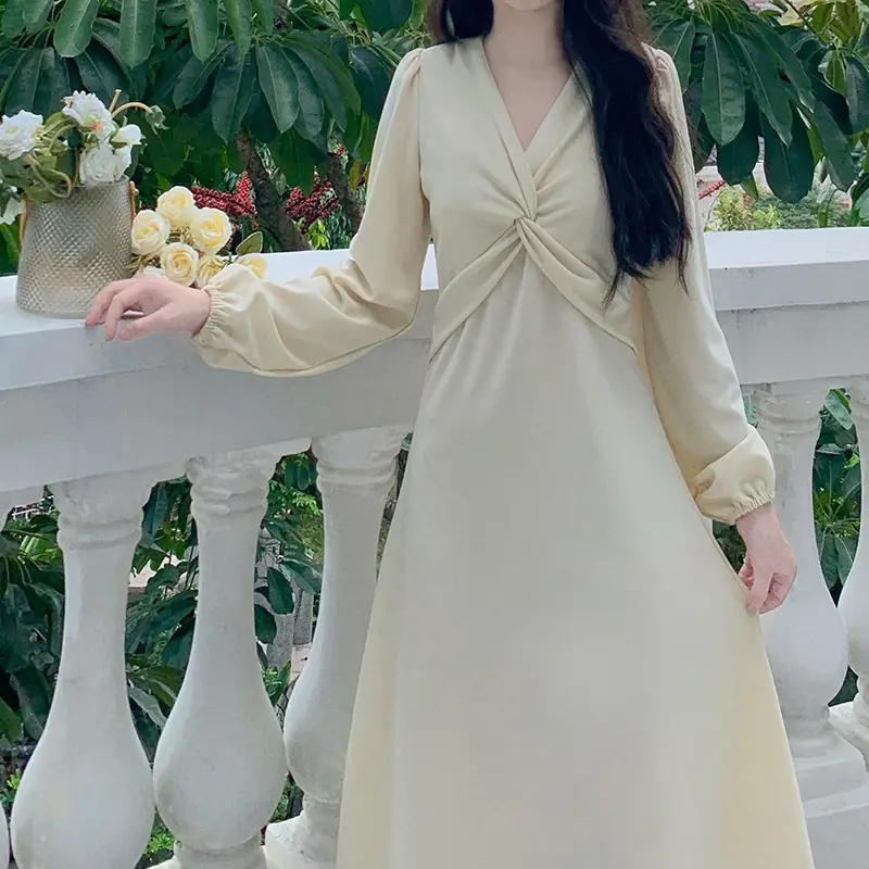 Korean Style Waist Slim Dress Long Sleeve V-Neck — feature 22