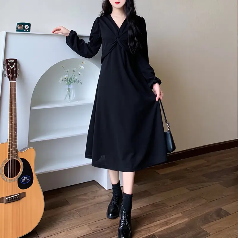 Korean Style Waist Slim Dress Long Sleeve V-Neck — feature 3