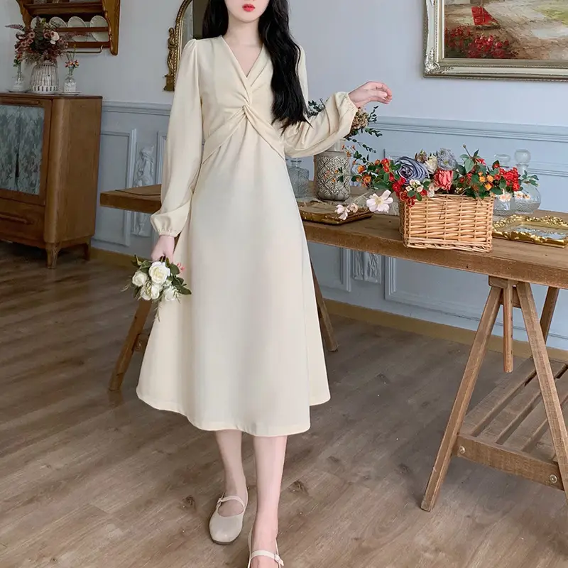 Korean Style Waist Slim Dress Long Sleeve V-Neck — feature 4