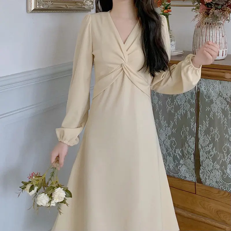 Korean Style Waist Slim Dress Long Sleeve V-Neck — feature 5