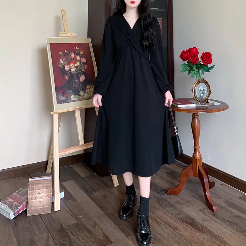 Korean Style Waist Slim Dress Long Sleeve V-Neck — feature 6