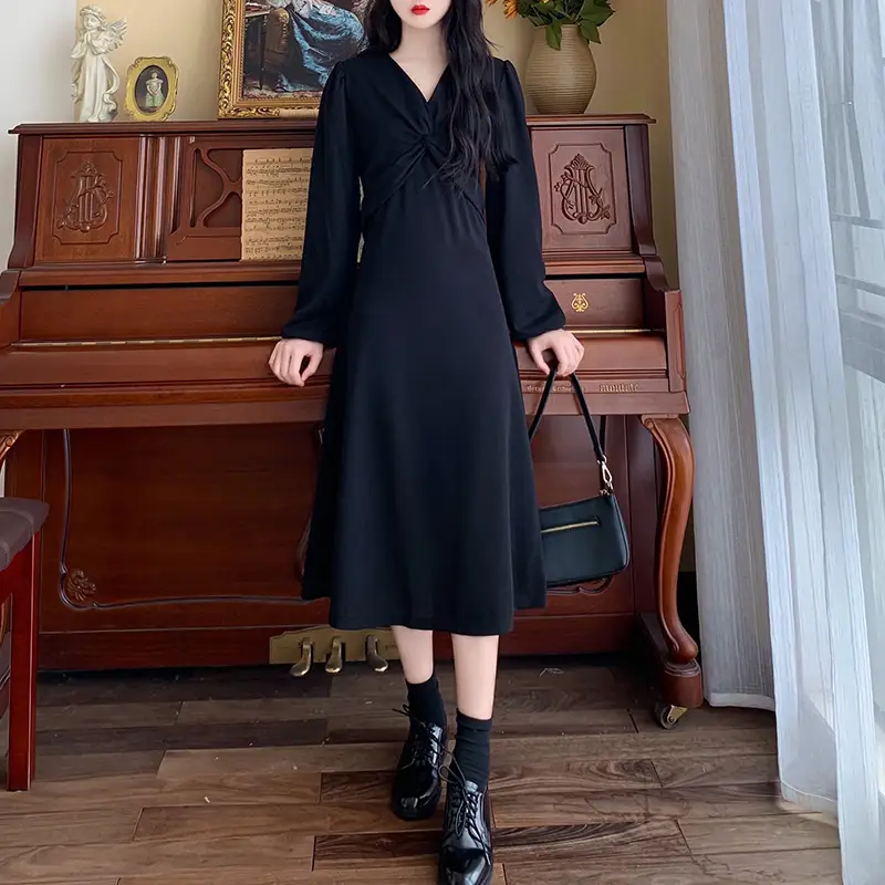 Korean Style Waist Slim Dress Long Sleeve V-Neck — feature 7