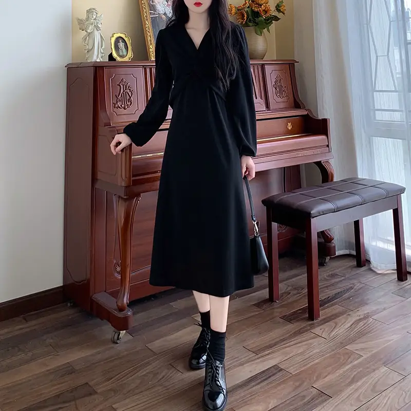 Korean Style Waist Slim Dress Long Sleeve V-Neck — feature 9