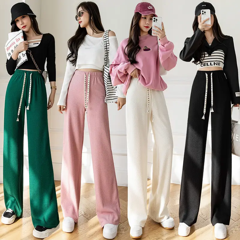 Women Pink Wide Leg High Waist Pants Spring Summer Casual