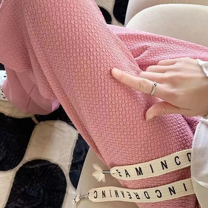 Women Pink Wide Leg High Waist Pants Spring Summer Casual