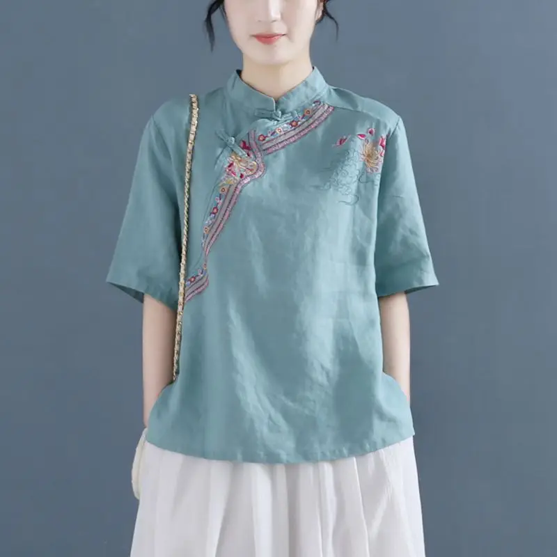Women Embroidered Cotton Linen Short Sleeve Shirt 2025 - Image 3