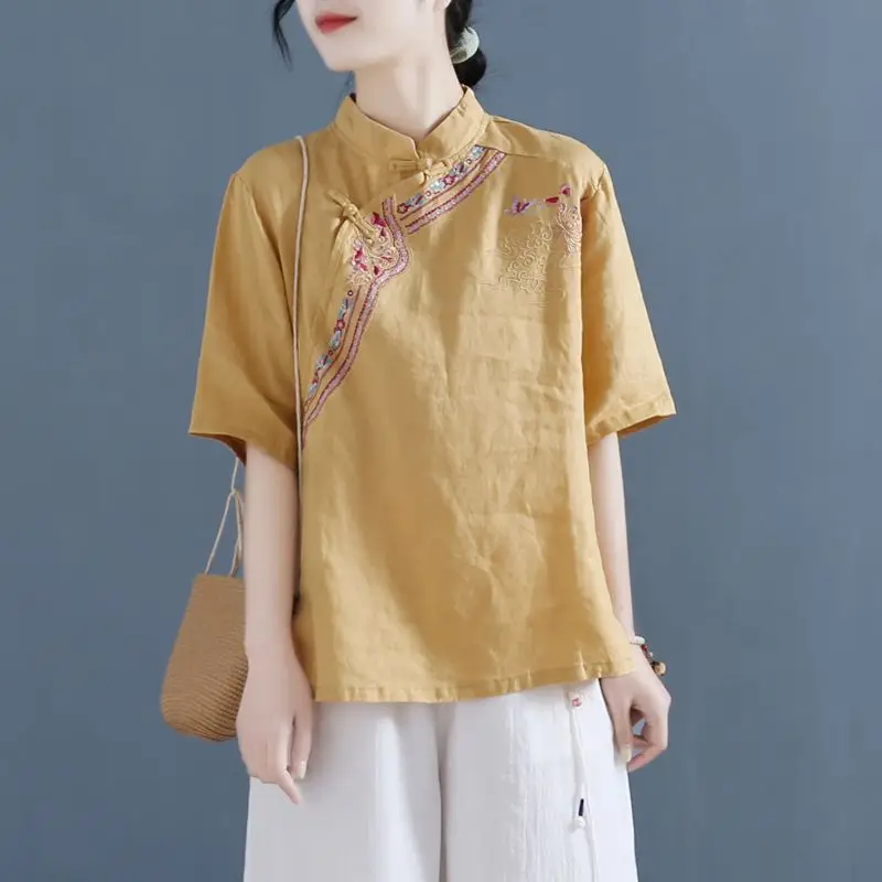 Women Embroidered Cotton Linen Short Sleeve Shirt 2025 - Image 2