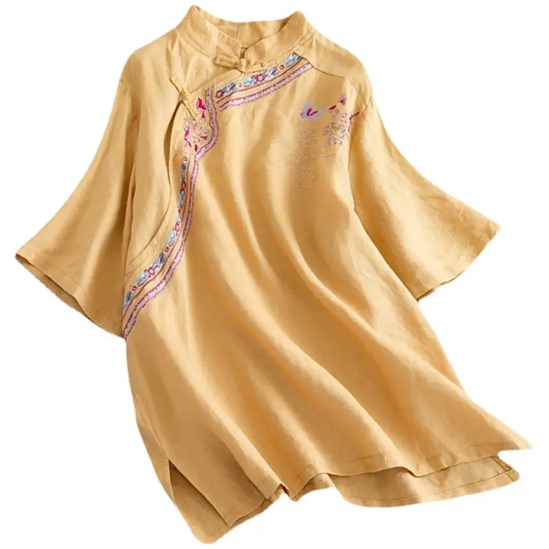 Women Embroidered Cotton Linen Short Sleeve Shirt 2025 - Image 5