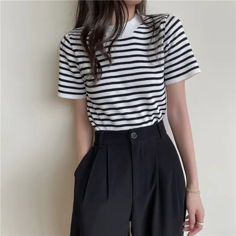 Women Striped Knitted Shirt Short Sleeve Crewneck Black White - Image 5