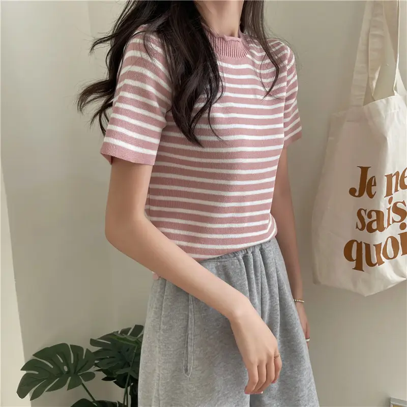 Women Striped Knitted Shirt Short Sleeve Crewneck Black White - Image 6