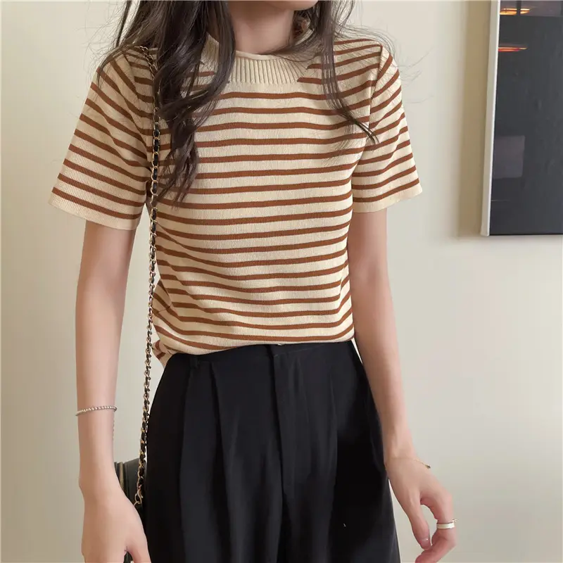 Women Striped Knitted Shirt Short Sleeve Crewneck Black White - Image 7