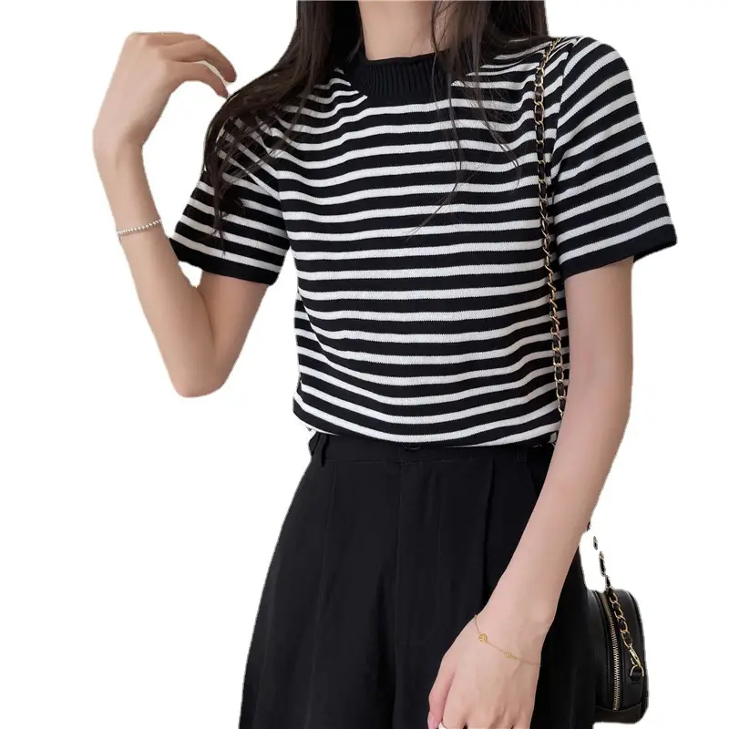 Women Striped Knitted Shirt Short Sleeve Crewneck Black White - Image 8