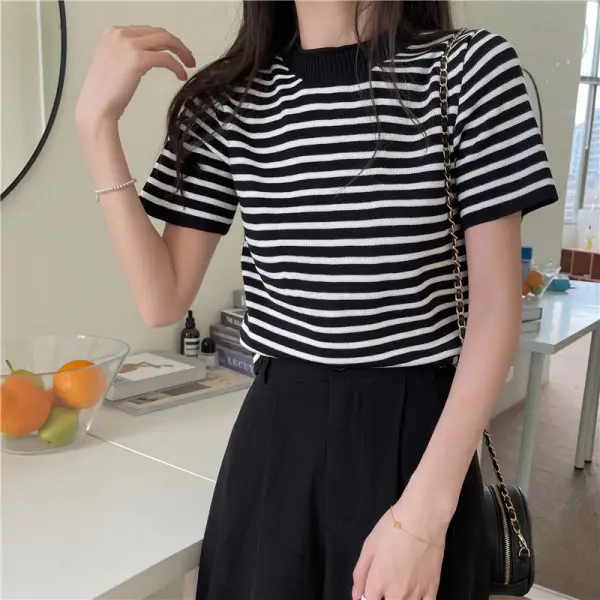 Women Striped Knitted Shirt Short Sleeve Crewneck Black White - Image 2