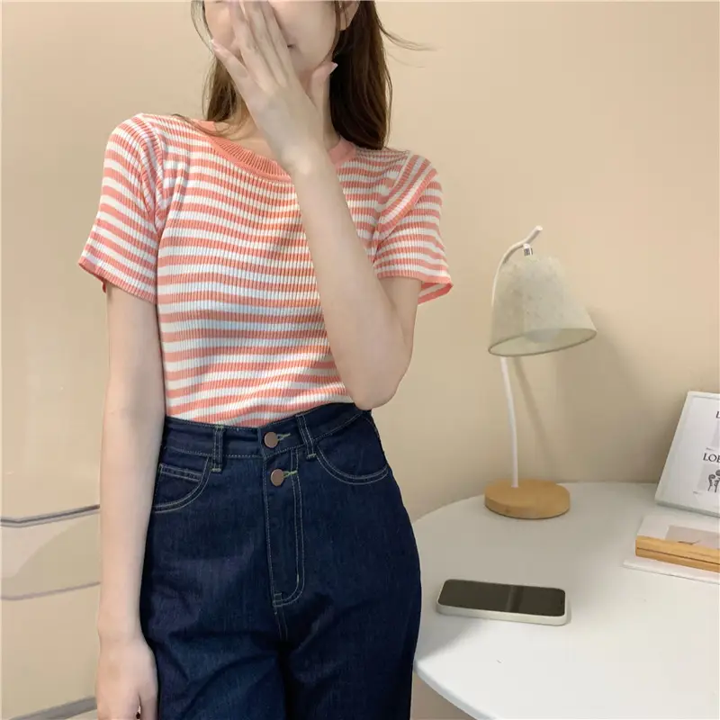 Women Striped Knitted Shirt Short Sleeve Crewneck Black White - Image 3