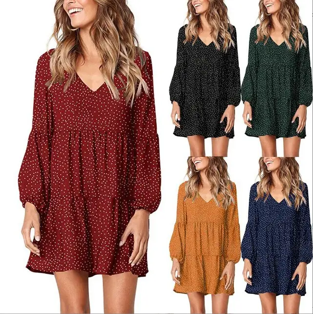 Women's V-Neck Ruffled Wave Point Dress Navy Blue - Image 11